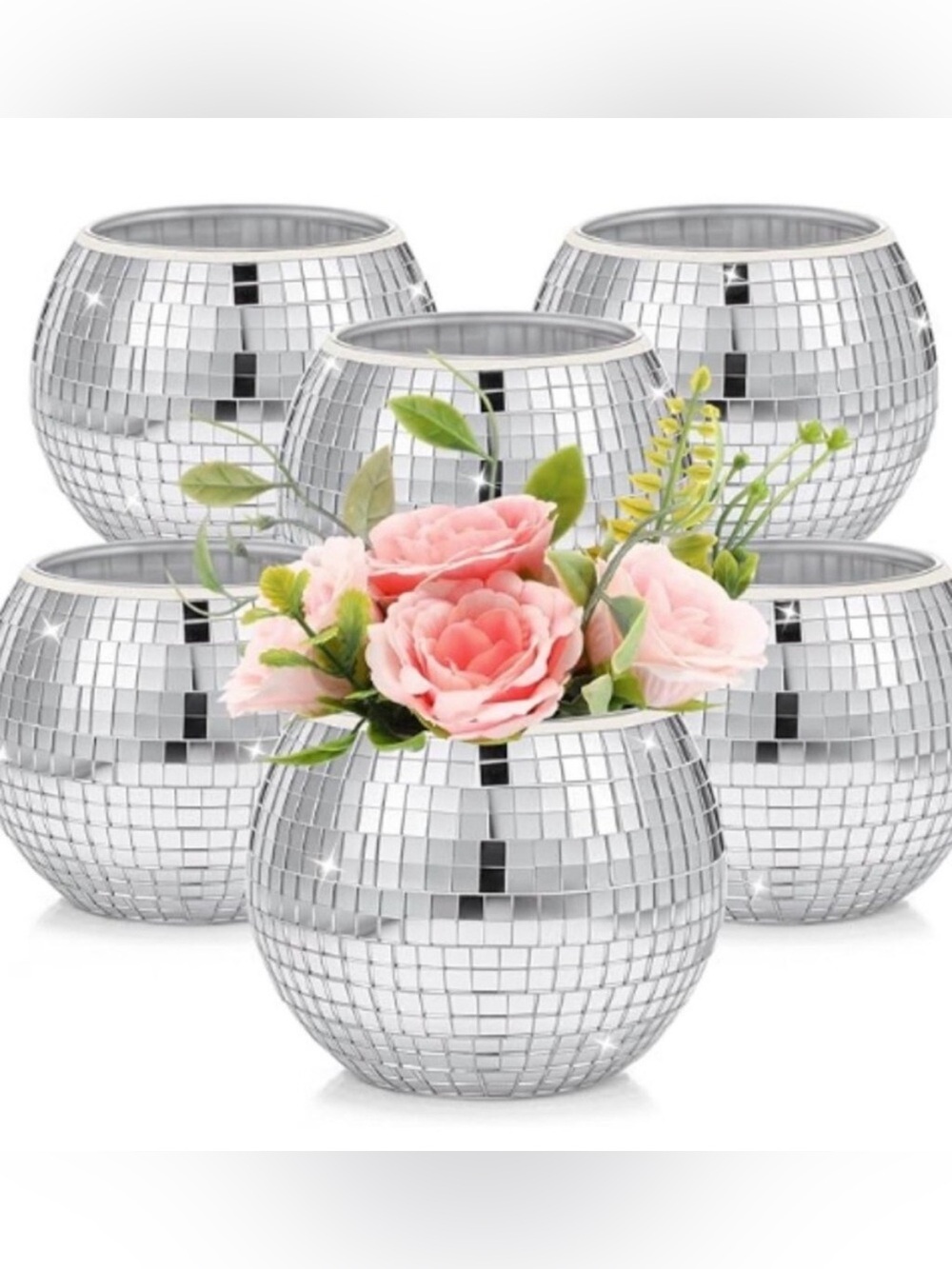 Reflective Silver Glass Mosaic Globe Vases - Set of 6